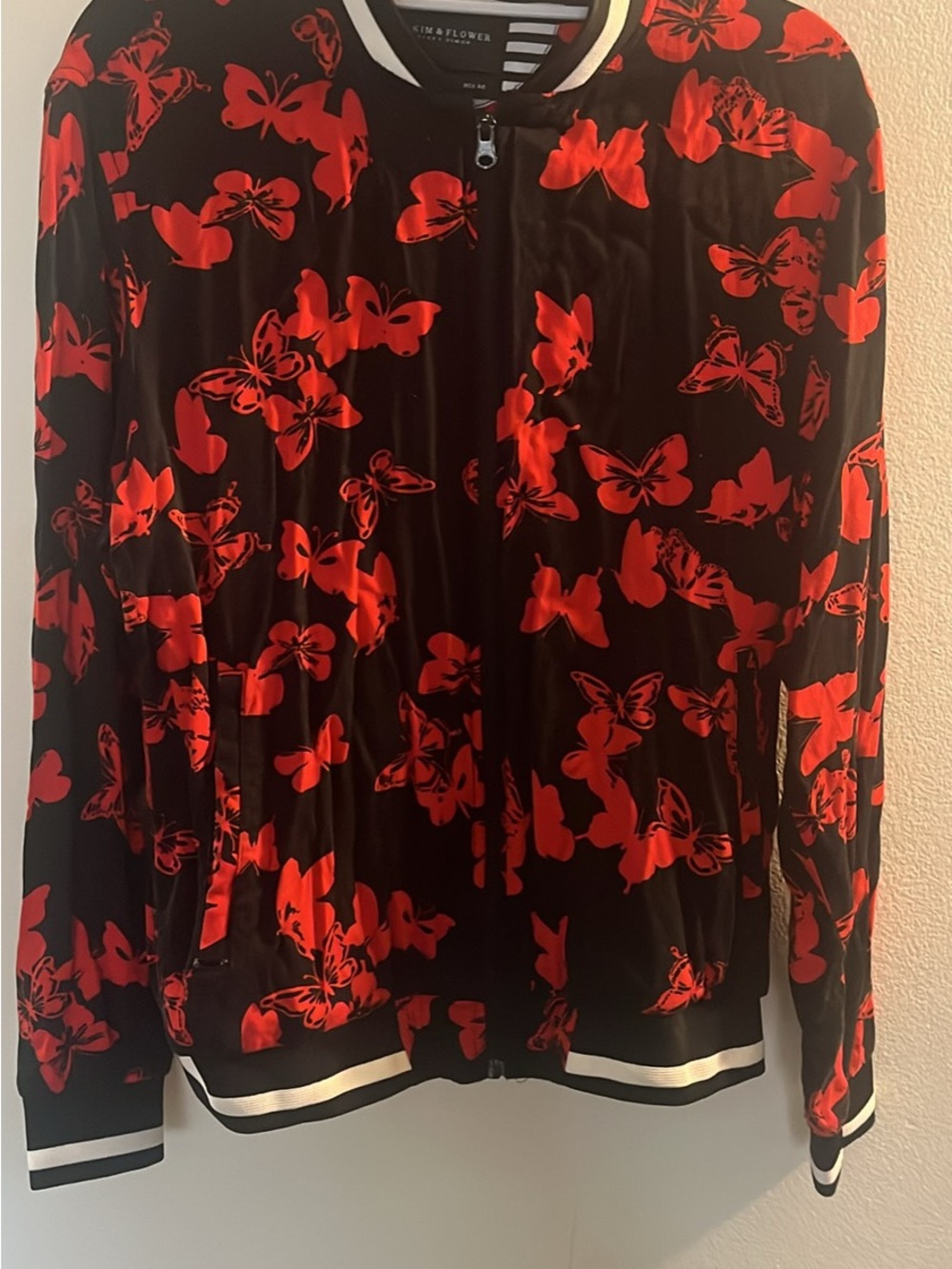 Denim & Flower Black Bomber Jacket with Red Butterfly Print